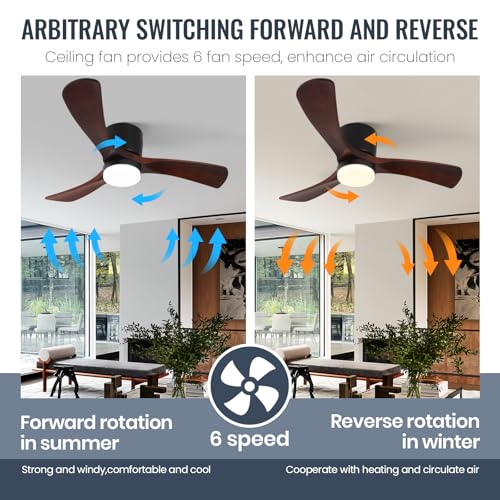 GESUM 42" Ceiling Fan with Lights Remote Control, Low Profile Ceiling Fan with 3 Walnut Wood Blades, Reversible,Dimmable, Flush Mount Ceiling Fans for Living Room Kitchen Bedroom(Black+Walnut)