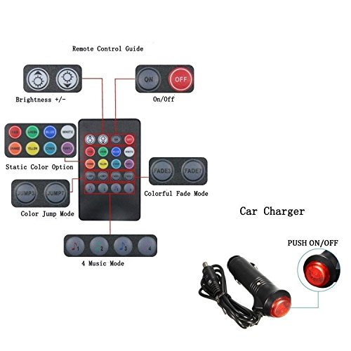 Car LED Strip Light,Yking 4pcs 48 LED DC 12V Multicolor Music Car Interior Lights LED Under Dash Lighting Waterproof Kit with Sound Active Function and Wireless Remote Control, Car Charger Included - Thumbnail 7