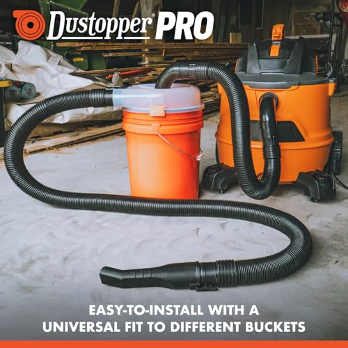 The Dustopper PRO, Low-Profile Dust Separator for Shop Wet/Dry Vacuums with at least 5HP. Includes High-Flow 90 Degree Sweep Elbows and Connection Hose. Fits Standard 5 Gallon Buckets, Made in USA
