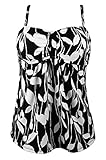 Cocoship White Leaves & Black Print Vintage Inspired Swim Top Retro Ruched Modest Tankini Swimsuit 12(FBA)