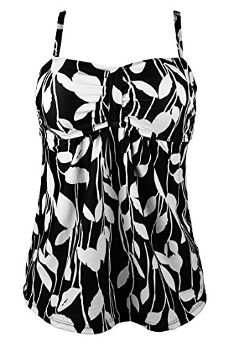 Cocoship White Leaves & Black Print Vintage Inspired Swim Top Retro Ruched Modest Tankini Swimsuit 10(FBA)
