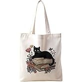 Black Cat Themed Canvas Tote Bag for Cat Lover,Cute Flower Book Totebag Gifts for Women Book Lover Reader,Library Book Bag for Librarian,Ideal Cats Gifts for Birthday Morther's Day Book Club-15