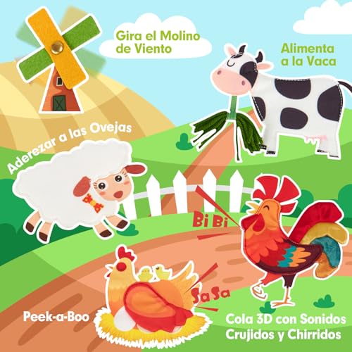 hahaland Montessori Book 1 Year - 20 in 1 Busy Activity Board, Interactive Book Montessori Toys for Children 1 2 3 Years - 10 Pages Animals Farm