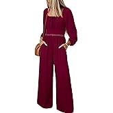 Happy Sailed Women's Long Sleeve Jumpsuits Loose Fit Overalls Square Neck Pockets High Waisted Wide Leg Pants Rompers