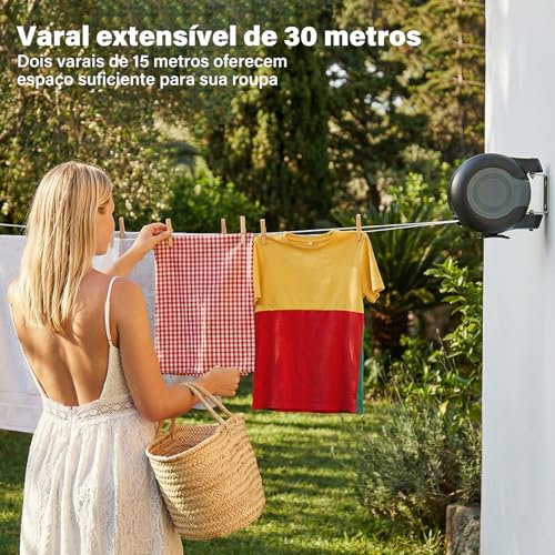Varal Retrátil de Parede Recolhível com Corda 30m e Kit Instalação – Suporta até 30 kg de Roupas,para Varanda de Apartamento e Espaços Pequenos,Trailers e Camping Etc