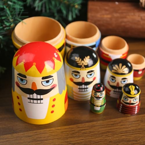 MCPINKY 5PCS Nutcracker Nesting Dolls, Christmas Wooden Nesting Dolls Handmade Stacking Toy Matryoshka Russian Dolls for Christmas Stocking Stuffer Gift Home Decoration