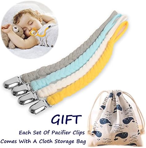 Pacifier Clips Set by MUKIN-Teething Ring Holders for Baby,Universal Flexible Holder Leash for Pacifiers, Teething Toy or Soothie.Baby Shower Gift Set.(Pack of 4)+Free Reusable Bag. (Yellow)