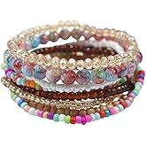 Pingyongchang Boho Colorful Beads Stackable Bracelets Set for Women Handmade Multicolor Seed Crystal Layered Stretch Bracelets Retro Country Holiday Beach Trendy Jewelry Gifts