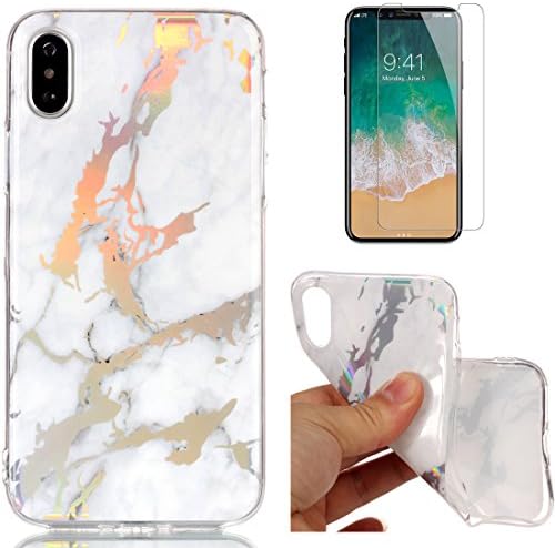 For iphone X Marble Case White,OYIME Glitter Plating Pattern Design Glossy Clear Silicone Slim Thin Soft Protective Back Cover Drop Protection Transparent Bumper and Screen Protector