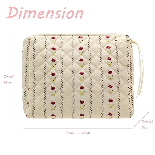 PAZIMIIK Quilted Makeup Bag Large Travel Zipper Soft Cosmetic Pouch for Women Girls Make Up,Little Flower Beige