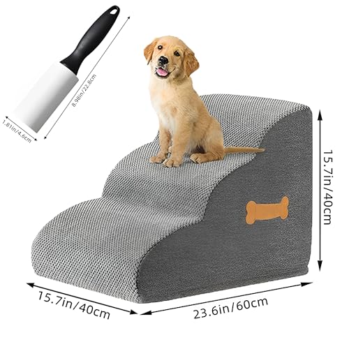 Beauenty Dog Stairs Ramp for Beds & Couches, Extra Wide Pet Steps with Non-Slip Fabric, Ideal Dog Ramp for Bed, Perfect Dog Stairs for Small Dogs and Cats,Grey,3-Tiers
