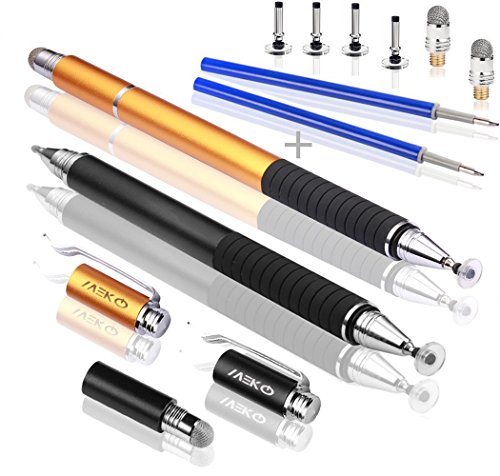 MEKO 3-in-1 Precision Series Disc Stylus Pen, 6-Inch (2 Piece) with 4 Pieces Disc, 2 Pieces Fiber Tip and 2 Pieces Refill Ink - Black/Gold