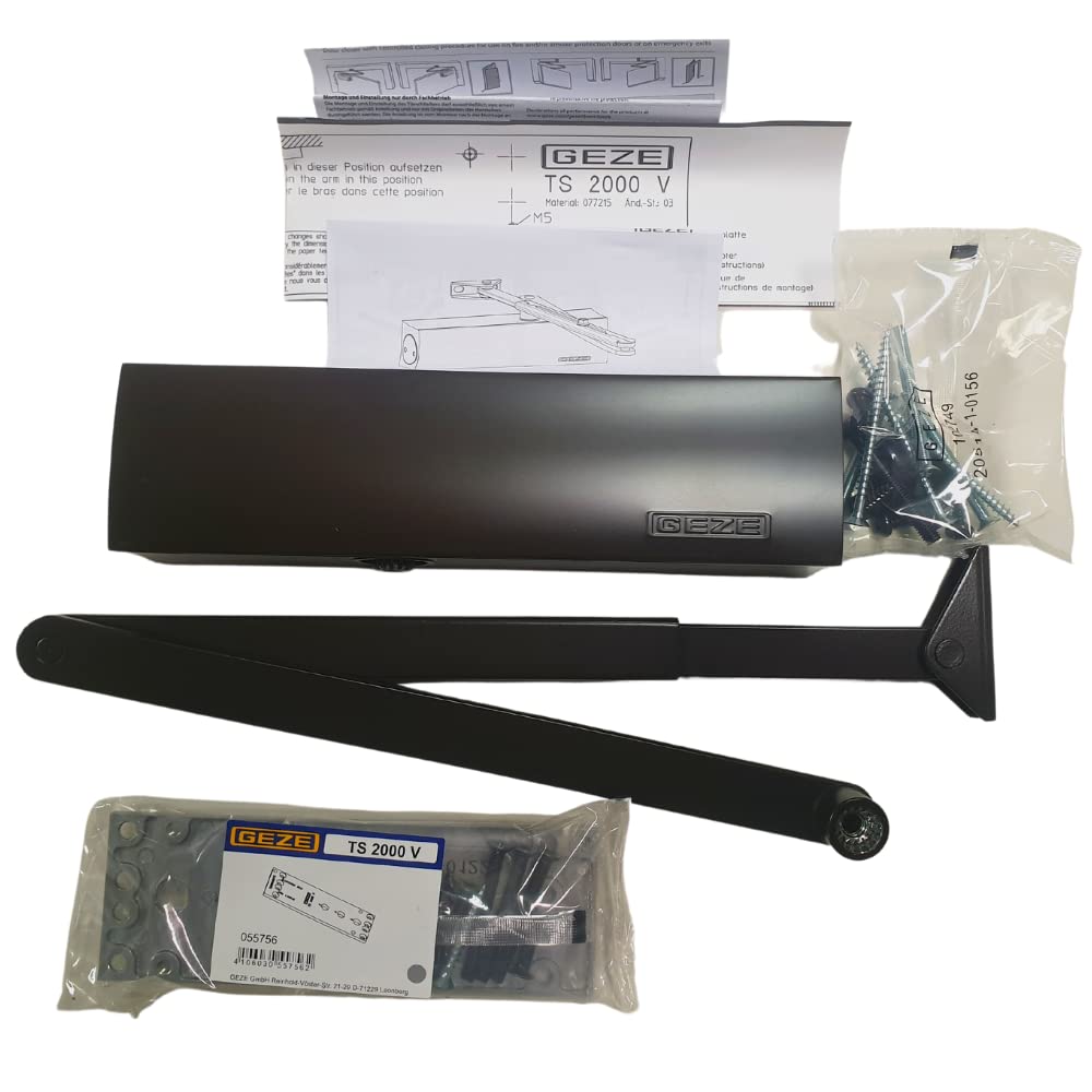 GEZE TS 2000 V BC Brown Rod Door Closer for Single Leaf Doors up to 1250 mm Wing Width with Frame and Mounting Plate / Set 3 in 1
