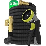 Nifty Grower 50ft Garden Hose - All New Expandable Water Hose with Double Latex Core, 3/4" Solid Brass Fittings, Extra Strength Fabric - Flexible Expanding Hose with Metal 8 Function Spray Nozzle