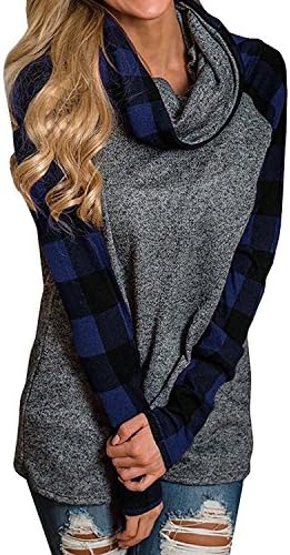 Womens Cowl Neck Sweatshirt Pullover Shirts Long Sleeve Plaid Raglan Tunic Tops,Blue,X-Large