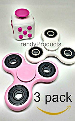 Fidget Cube + Fidget Hand Spinner 3 PC Set Pink White Combo Bulk Multiple Tri-Spinner EDC Stress Desk Classroom Fidgeting Brain Focus Desk Toy Reliever Autism Kids Adults Relax 2 Spinners