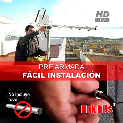 LINK BITS HD001 Antena Exterior aérea HDTV de Largo Alcance, Alcance Amplificado, 12 Elementos, Alta definición, (fácil de Instalar).
