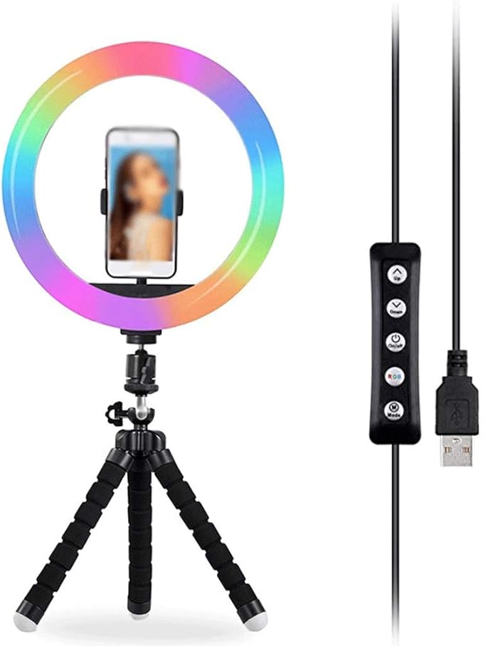 Desk 10" RGB Ring Light with Extendable Tripod Stand, Dimmable LED