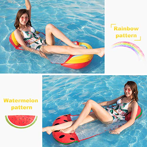 2-Pack(Rainbow,Watermelon) Premium Portable Swimming Pool Float Hammock, Multi-Purpose Inflatable Hammock (Saddle, Lounge Chair, Hammock, Drifter), Water Hammock Lounge