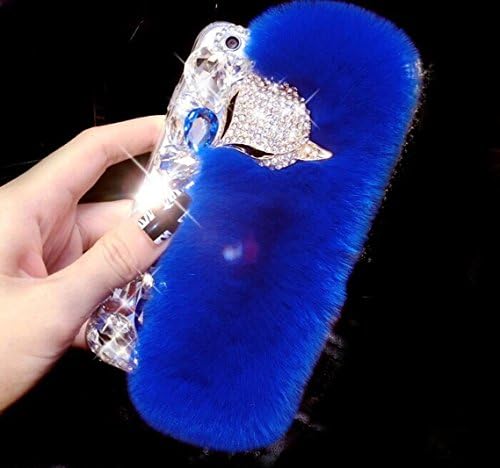 iPhone7 Case,iPhone 7 Diamond Fur Case,Blixy Luxury Elegant Soft Warm Fluffy Real Rabbite Fur Case Bling Diamond Fox Head Rhinestone Crystal Shell Case For iPhone7(Darkblue)