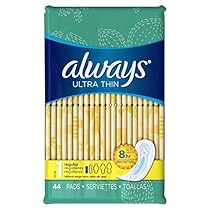Always Sanitary Pads, Ultra Thin Without Wings, Regular Absorbency, Feminine Pads, 44 Count (Pack of 3)(Packaging artwork may vary)