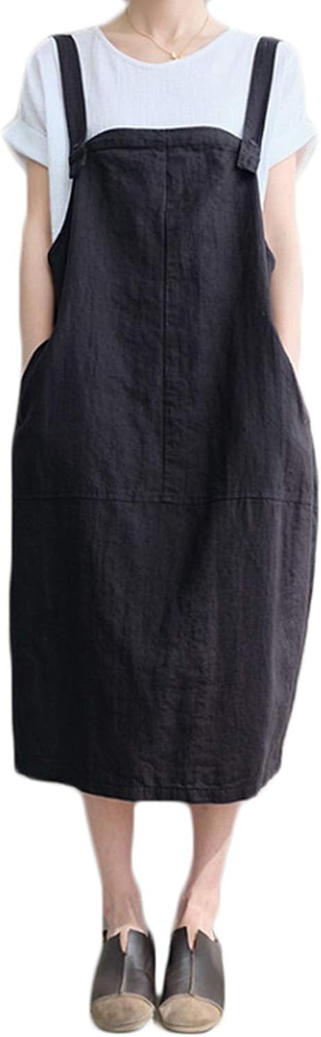 Women Casual Strappy Pinafore Overalls Loose Midi Dress With Side Pockets