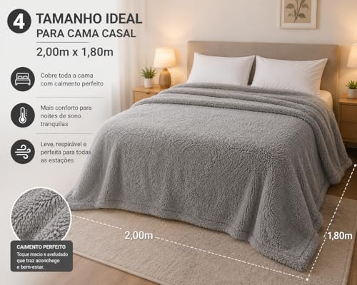Manta Casal de Microfibra Fleece | Cobertor Macio e Quentinho, Dupla Face, 1,80m x 2,00m – Cinza