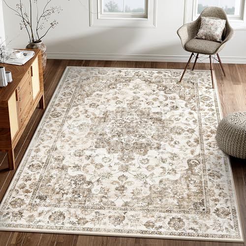 HUGEAR Vintage Braun Waschbarer Teppich Wohnzimmer 140x200cm Retro Rugs for Living Room Weich rutschfest Groß Tepich Kurzflor Schlafzimmer Carpet Livi