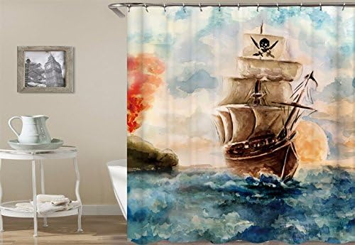 Water Color Fabric Shower Curtains,Caribbean Pirates Ship- 72" x 72"- Machine Washable - Blue,Brown,Coral