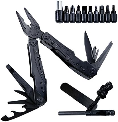 12-in-1 Multitool Pliers Survival Knife GOYIKI Multi-Purpose Pocket Tool Kit with Knife Fire Starter Screwdriver Bit Set Nylon Sheath Durable Black Stainless Steel for Camping, Fishing, Hunting