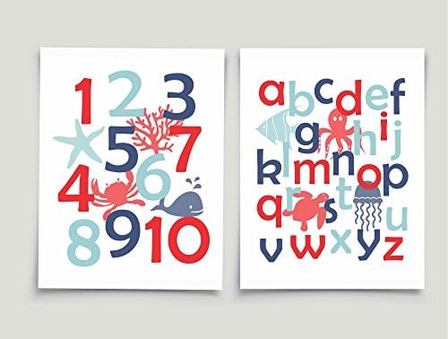 Nautical Nursery Sea Animals Alphabet and Numbers Art Unframed Prints (Set of 2)