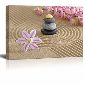 Canvas Prints Wall Art - Zen Garden in Sand with Flower and Zen Stone | Modern Wall Decor/Home Decoration Stretched Gallery Canvas Wrap Giclee Print. Ready to Hang - 12" x 18"