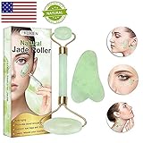 Jade Roller, Jade Roller for Face, Jade Roller Massager, Natural Jade Facial Roller, Anti Aging for Face Eye Bags Therapy- Double Neck Healing Slimming Massager with Gua Sha Scraping Tool