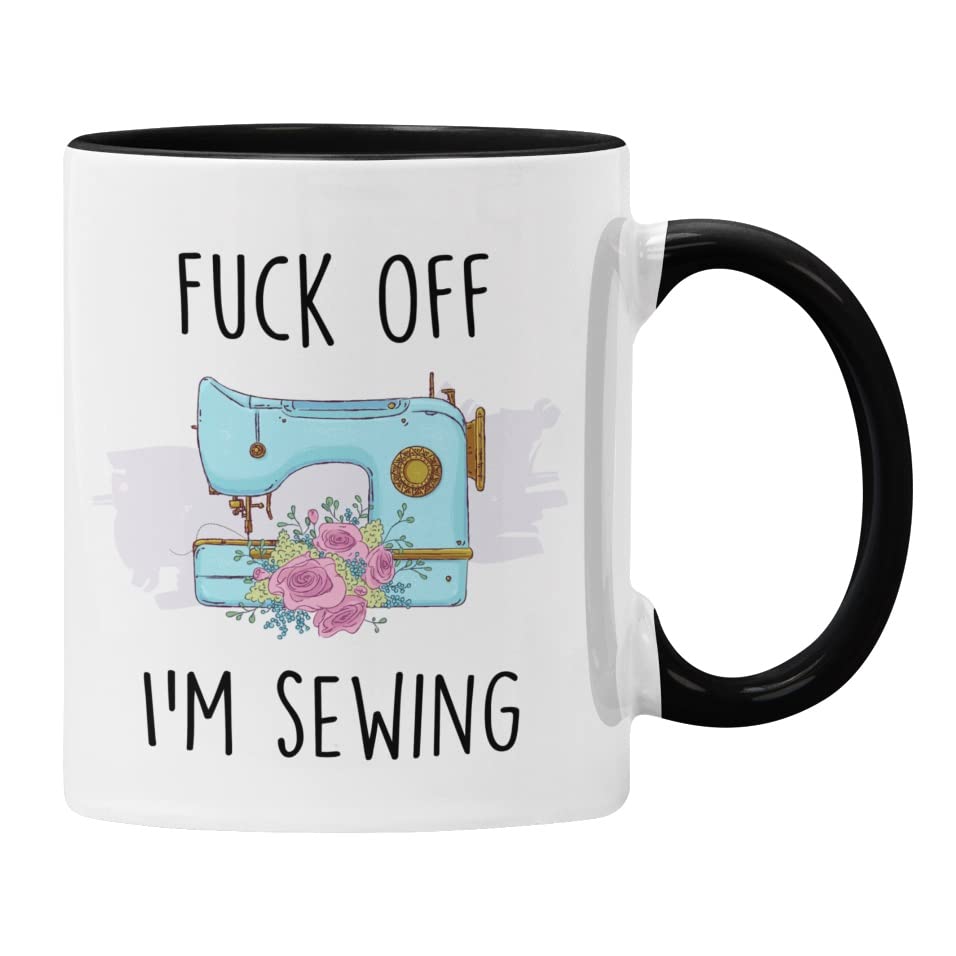 F**k Off I'm Sewing Mug Gift for Her, Funny Profanity Cup (Black)