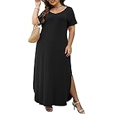 Nemidor Plus Size Maxi Dresses for Curvy Women Casual Summer Slit Loose Short Sleeve Long Dress with Pocket 14-26