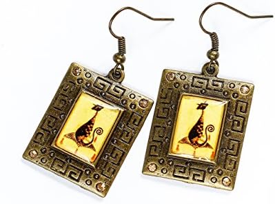 E38 Unique Egypt Style Fashion Black Cat Photo Print Epoxy Yellow Earrings Handmade Jewelry Gift for women Exlusive Pattern design dangle casual earrings