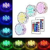AKDSteel Submersible LED Light, RGB Multi Color Waterproof Battery Powered Lights with 10 LED and Remote Controller for Aquarium, Vase, Swimming Pool, Pond, Garden, Party, Weeding, Christmas - 4 Pack