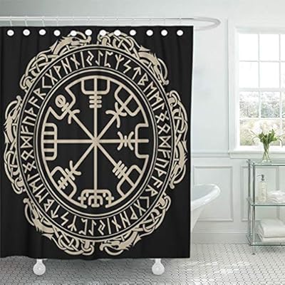 Amazon Com Abaysto Black Celtic Viking Magical Runic Compass Vegvisir In The Circle Of Norse Runes Bathroom Decor Shower Curtain Sets With Hooks Polyester Fabric Great Gift Home Kitchen