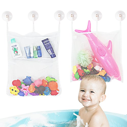 TOYMYTOY Baby Toy Storage Bag Toy Storage Mesh Bag Bath Toy Organizer 2Pcs Hanging Mesh Net Storage Bags with 6 Strong Suction Hooks
