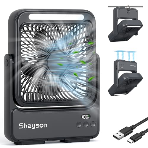 Shayson Portable Fan 20000mAh Camping USB Fan with LED Light, 4 Speeds, 12-43 Hours of Operation, Smart Display, Low Noise, for Office/Home/Travel/Camping (Black)