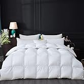 Luxurious All-Season Goose Down Feather Fiber Comforter Queen Size Duvet Insert, Premium White Solid Plain Design, Premium Baffle Box, 100% Egyptian Cotton, 75 oz Fill Weight