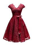 Vinvv Women's Short Vintage Floral Lace Dress V-Neck Cap Sleeve Belt Bridesmaid Party Cocktail Dress