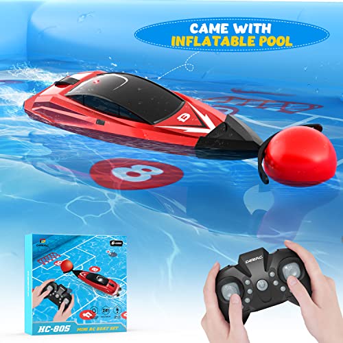 DEERC RC Boat with Inflatable Pool for Kids, 2.4GHz Racing Boats, Remote Control Boat for Pool and Lake, Competitive Games, Water Toys for Boys&Girls, Compatible with Bathtub