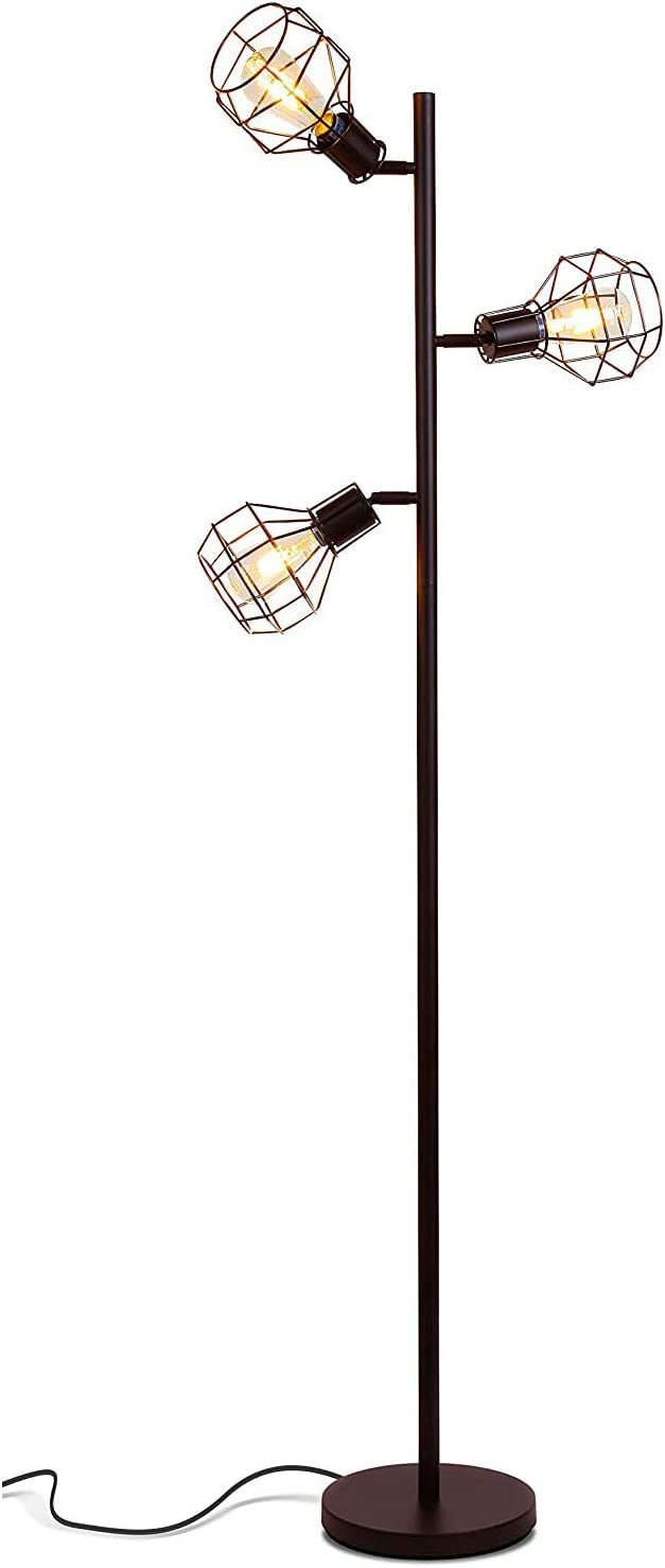 Brightech Robin LED Floor Lamp, Industrial Tree Lamp for Living Rooms & Offices, Tall Lamp with 3 Cages Heads & Vintage Edison Bulbs, Rustic Standing Lamp for Reading, and Tall Lamp for Crafts - Black