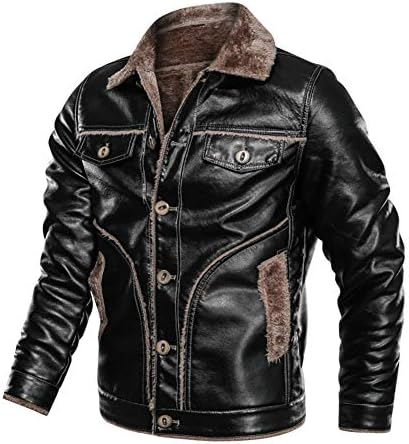 Biddtle Men's Plus Velvet PU Leather Jacket Slim Fit Vintage with Press Stud Closure Lapel Long Sleeve Side Seam Pocket Classic Style Motorcycle Jacket