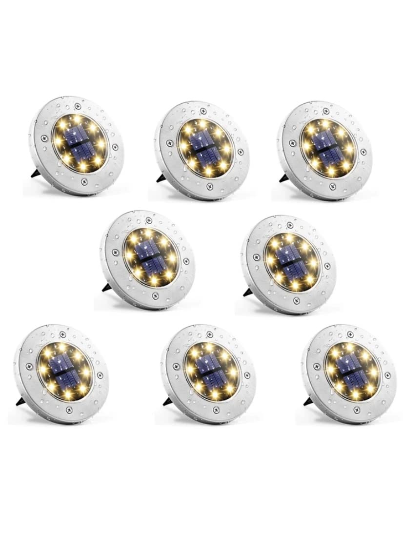 LDTechSolutions Stylish Outdoor Solar Ground Lights for decking, Landscaping, Patio Lawn, Walkway, Steps, Fence, Garden IP67 Waterproof and Easy Installation. (8 Cool White LED) (8 Pack), Silver