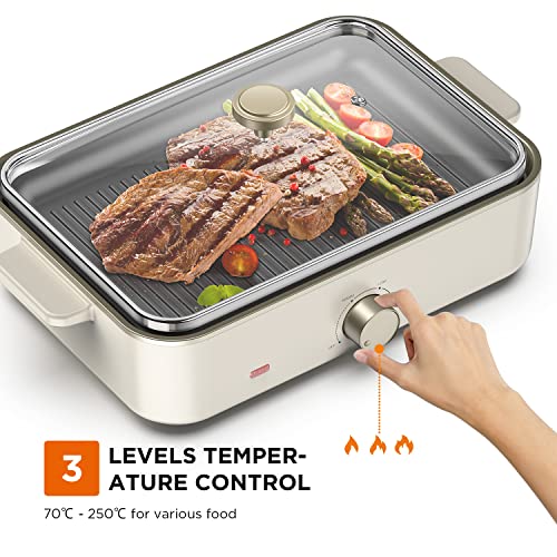 Electric Skillet Grill Combo Multifunctional Griddle with 2 Tempered Glass Vented Lid and 4