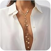 Kenjudess Lariat Gold Long Necklace Dainty Layered Pearl Disc Leaf Pendant Y-Shaped Beaded Chain Drop Necklace for Women Trendy Boho Fashion Costume Jewelry