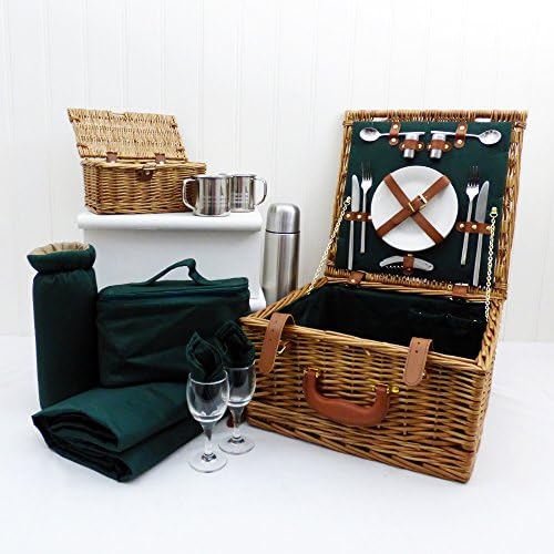 The Ashby Picnic Basket Set - Luxury Wicker 2 Person Fitted Hamper with Accessories, Traditional Green Picnic Blanket, Green Chiller Bag, Stainless Steel Flask