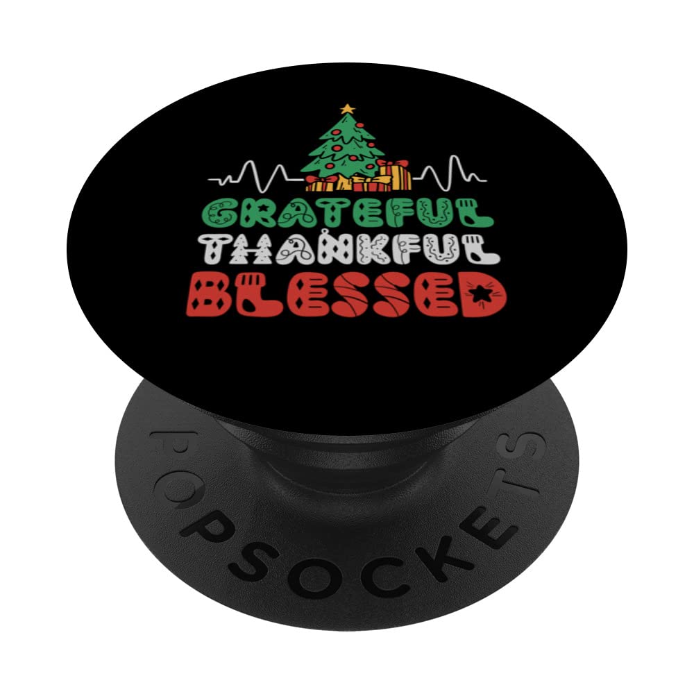 Xmas Grateful Thankful Blessed Christmas Heartbeat Tree PopSockets Swappable PopGrip